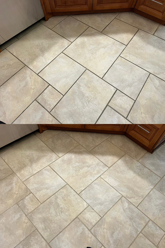 Side-by-side photos of tile floor left image shows visible dirt and dark stains, while right image shows the same rug after cleaning, appearing noticeably brighter and stain-free.